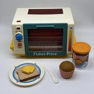 Vtg 1987 Fisher Price Fun With Food Golden Glow Toaster Oven Set Complete